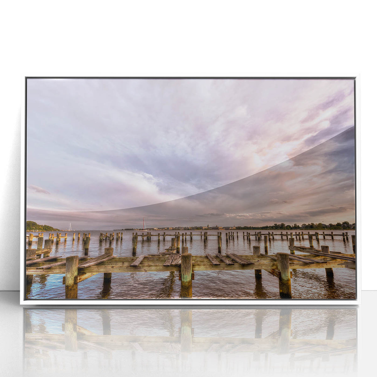 Acrylic print of Annapolis skyline in art deco style, with white frame, suitable for modern nursery decor.