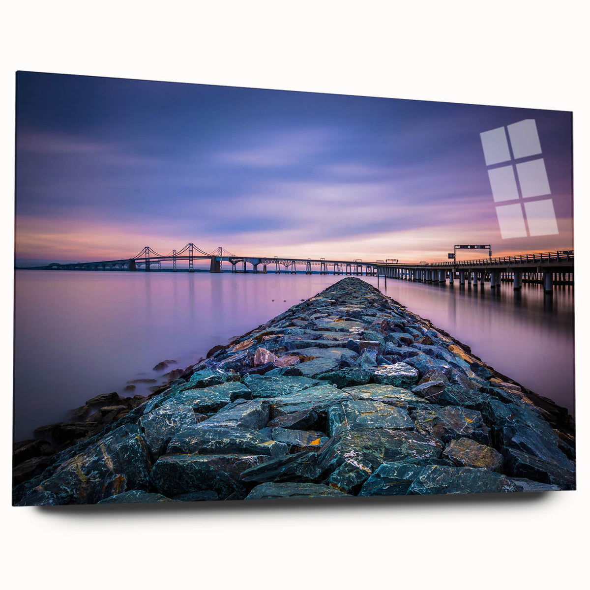 Acrylic print of Chesapeake Bay with muted blue and green shades, ideal for bedroom or dining room art.