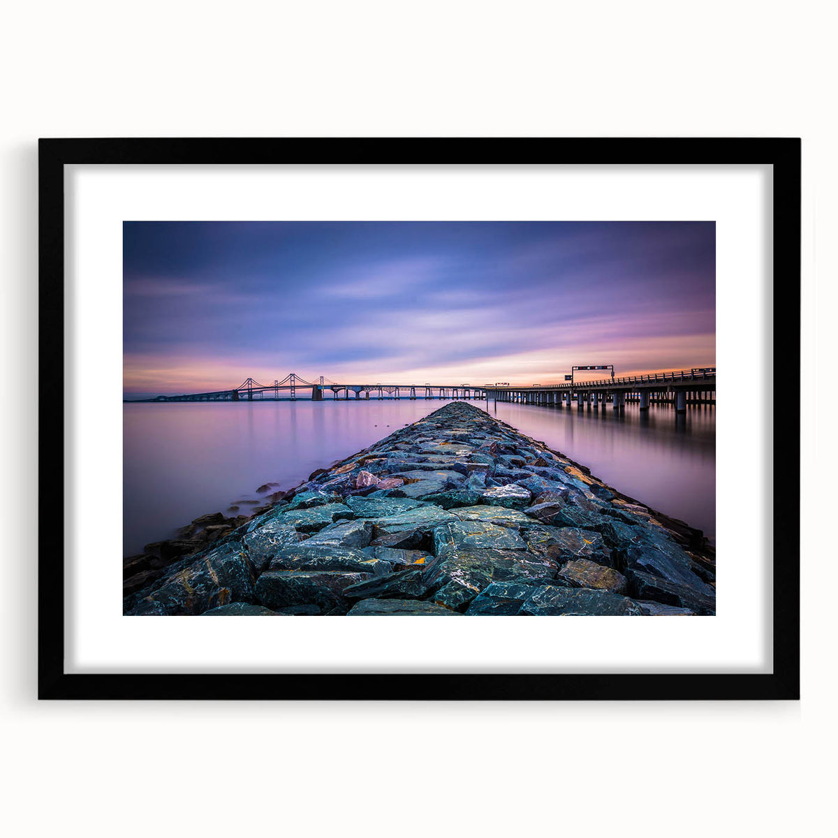Extra large framed abstract art print of Chesapeake Bay in vibrant colors, ideal for living room decor.