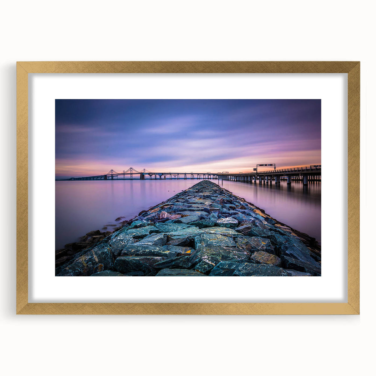 Extra large abstract art print of Chesapeake Bay in textured shades of blue and green, framed in gold.