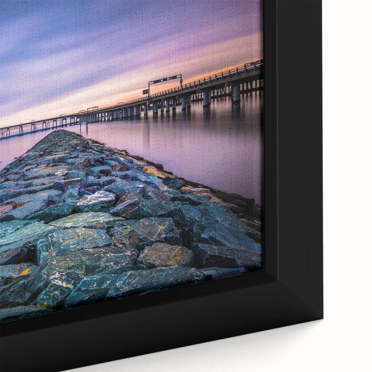 Framed canvas of textured black wall art depicting Chesapeake Bay, with vibrant, colorful accents.