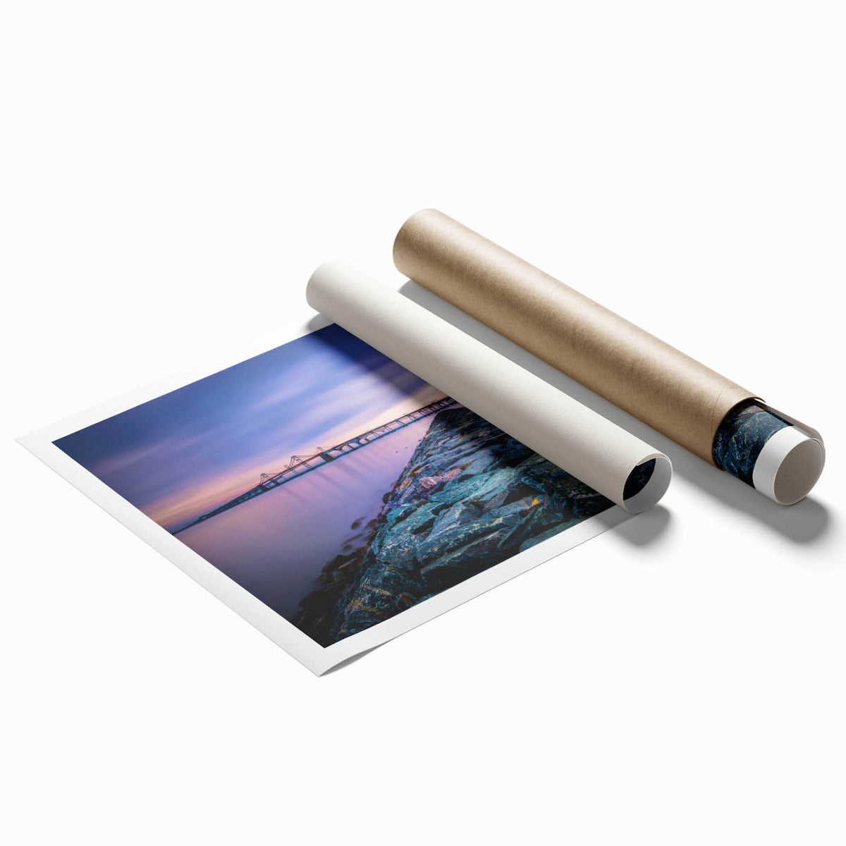 Extra large rolled print of Chesapeake Bay with muted blues and greens, ideal for classy bathroom wall art.