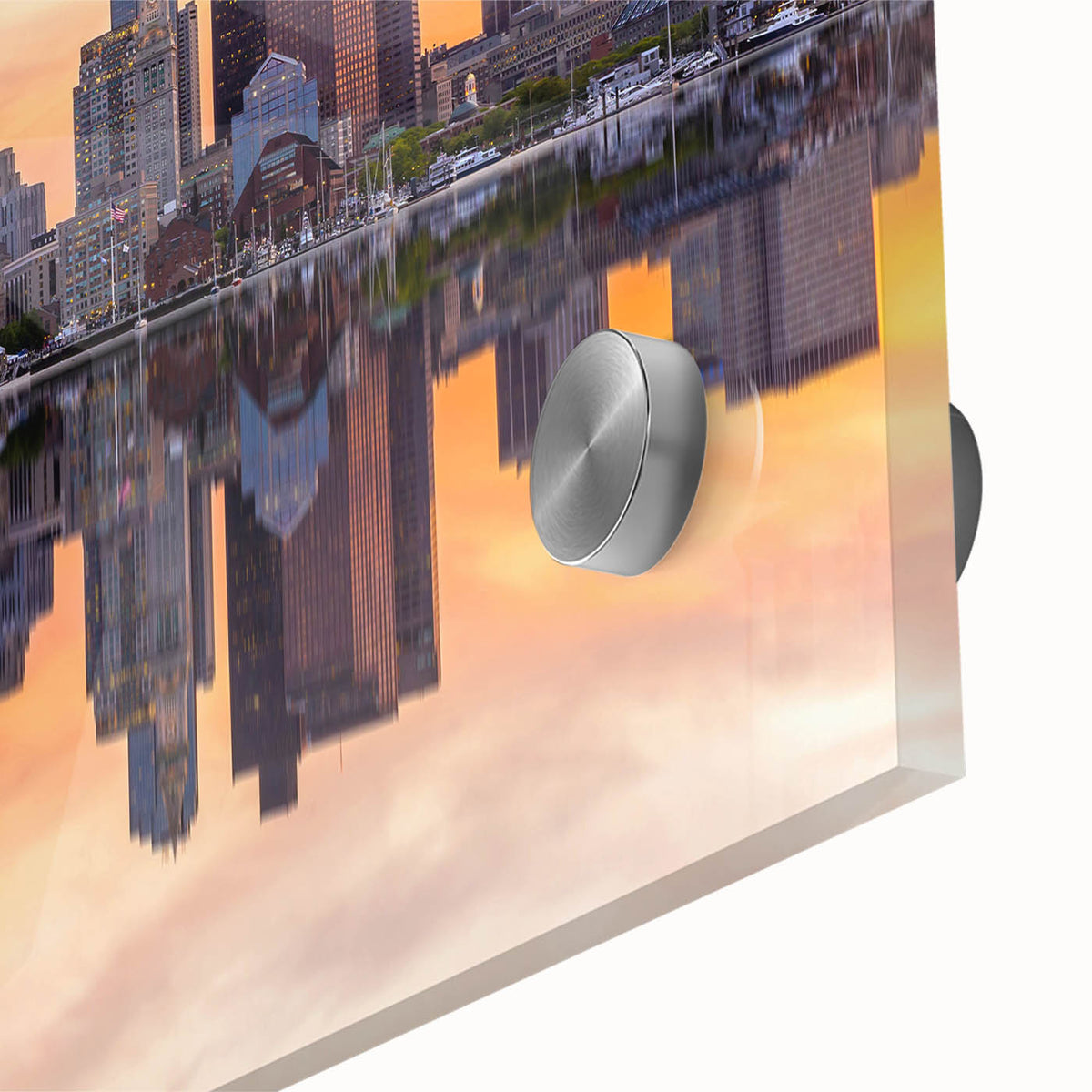 Large abstract depiction of Boston skyline in muted earth tones on acrylic glass, ideal for dining room art.