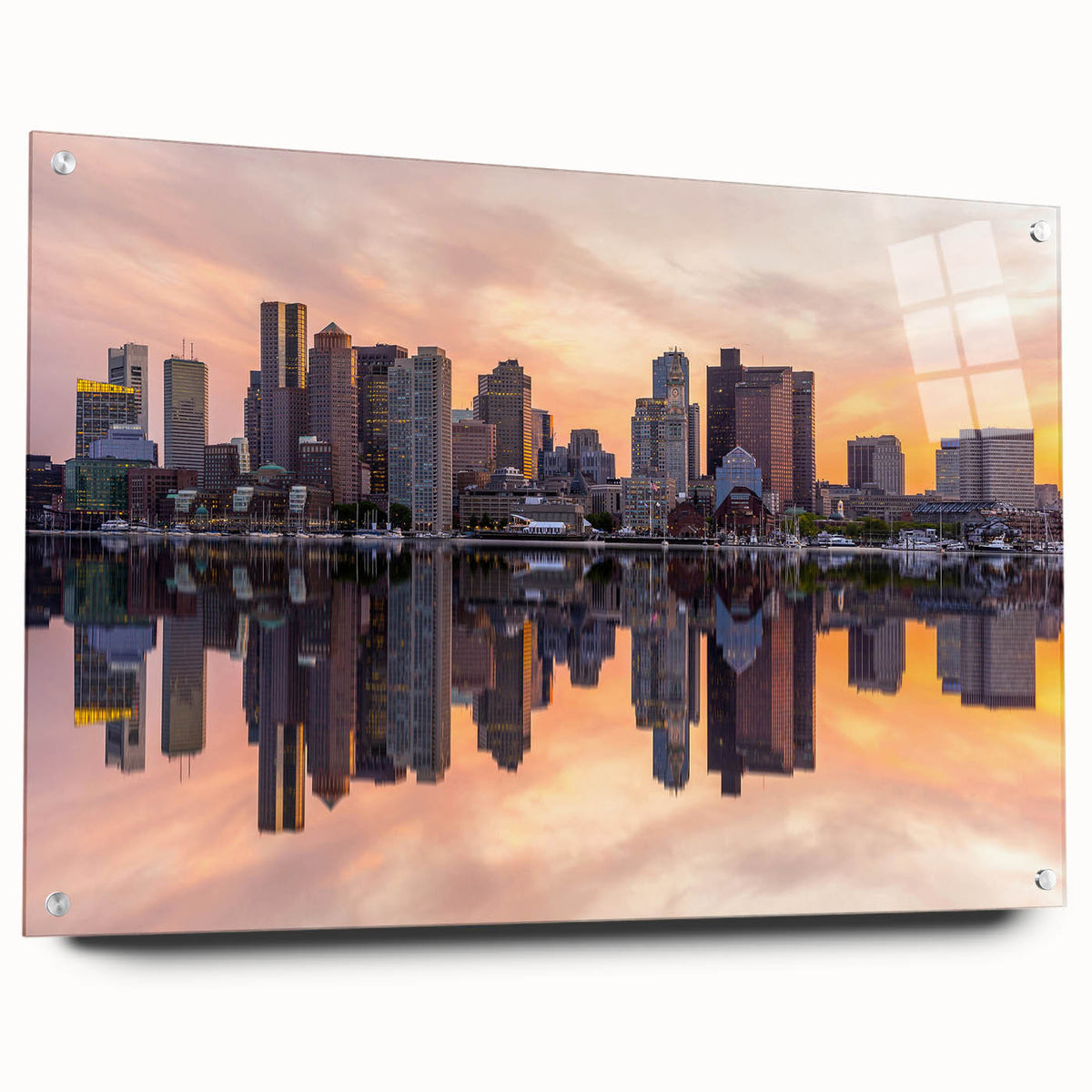 Acrylic print of Boston skyline in muted gray and blue tones, suitable for bedroom or dining room decor.