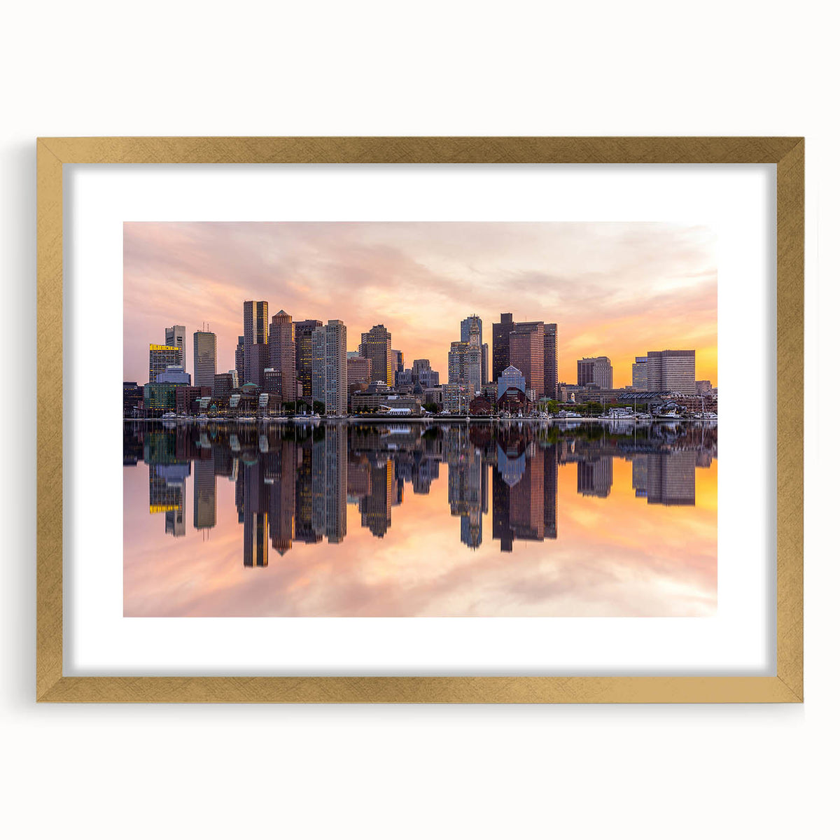 Extra large abstract art print of Boston skyline in textured gold frame, ideal for living room decor.