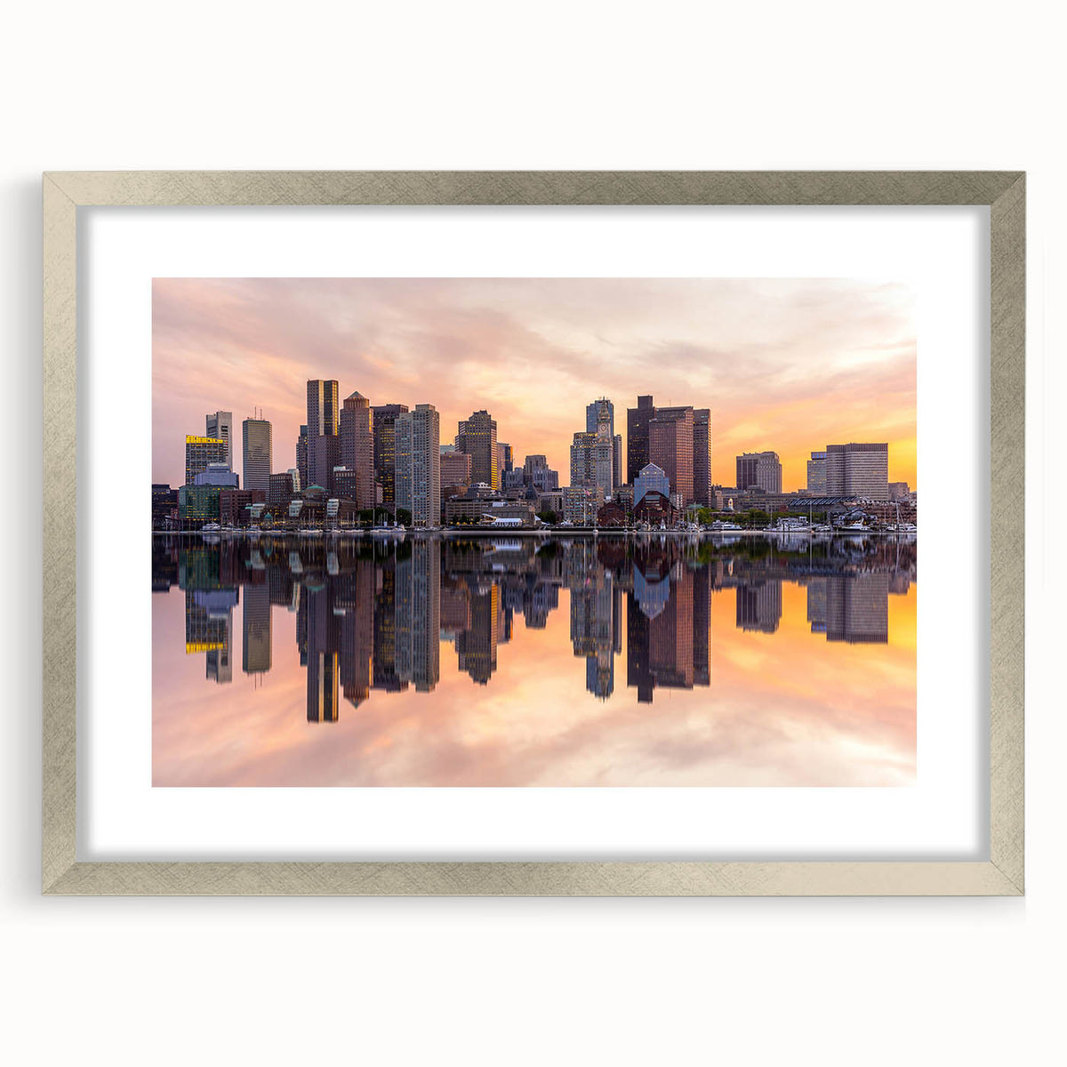 Textured art print of abstract Boston skyline in muted gray tones on a framed silver mat, ideal for bedroom wall decor.
