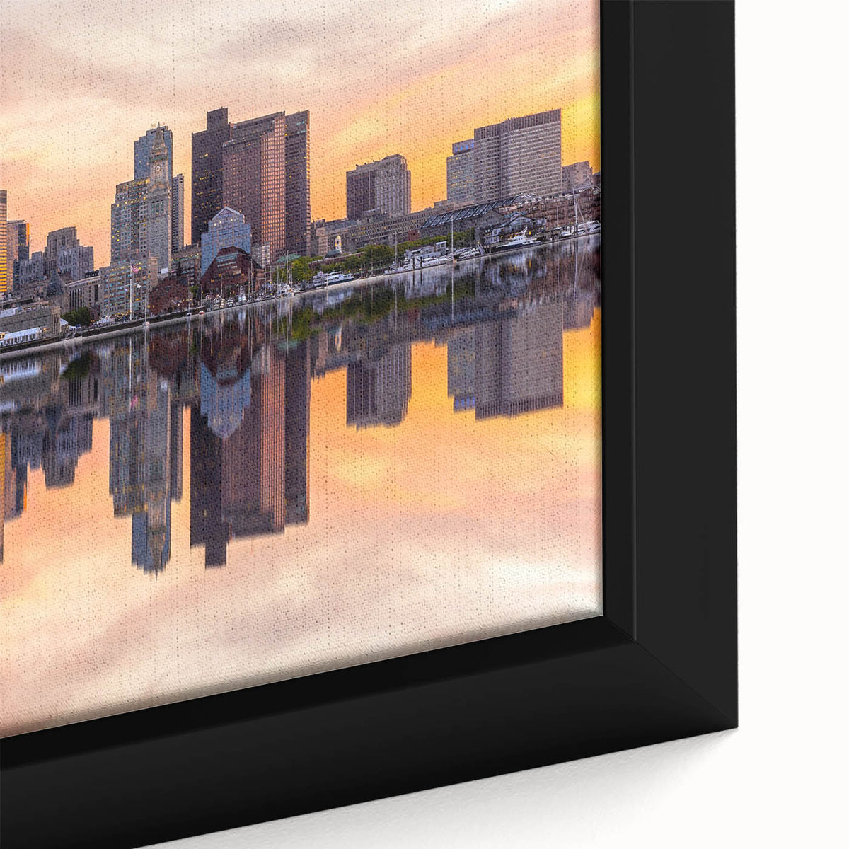 Framed canvas of a textured Boston skyline in black with colorful accents, ideal for large living room decor.