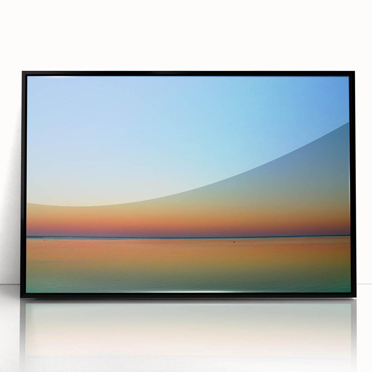 Large abstract wall art depicting a Cape Cod scene in muted blues and greens on a black framed acrylic print.