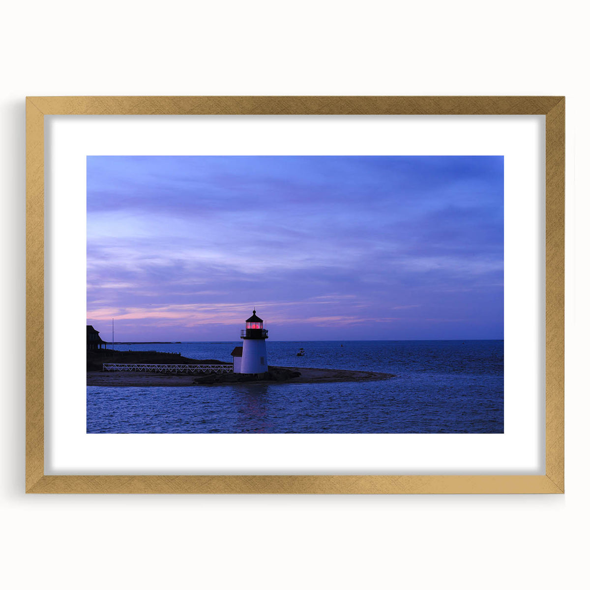 Extra large abstract art print of a textured Massachusetts Nantucket scenery in muted earth tones, framed in gold.