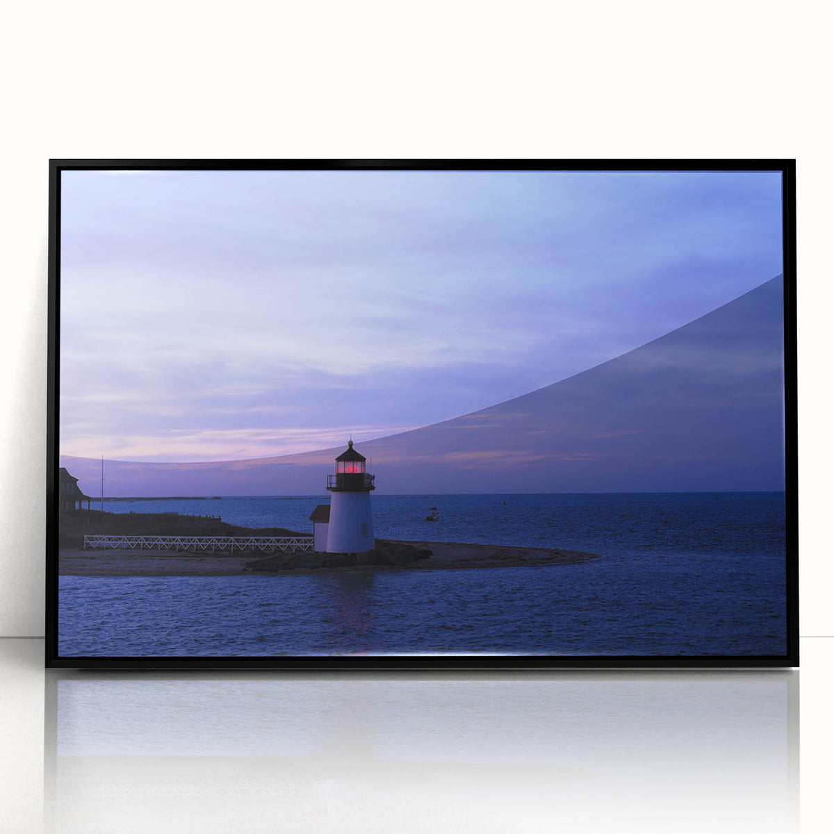 Large abstract wall art depicting a serene Nantucket landscape in muted tones, framed in black acrylic.