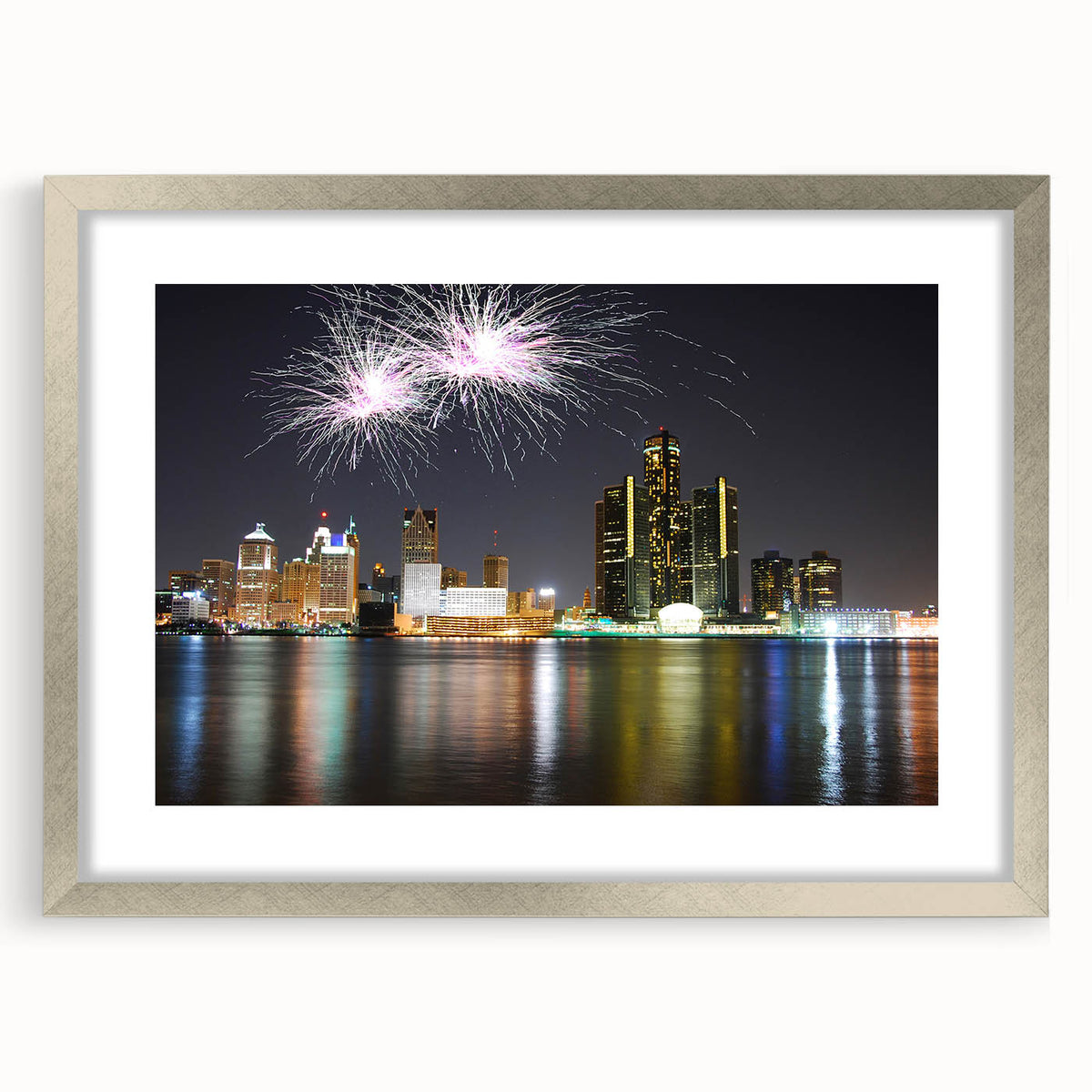Textured abstract art print of Detroit skyline in muted gray tones on a framed silver mat, suitable for bedroom decor.