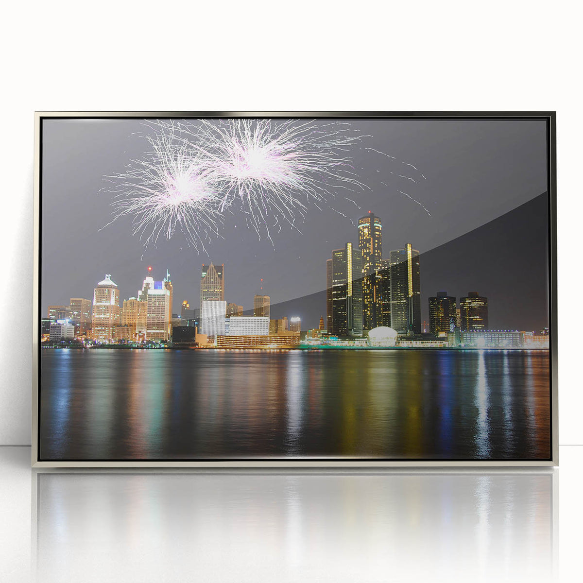 Mid-century modernist art of Detroit skyline in muted gray and blue tones on a framed acrylic print.
