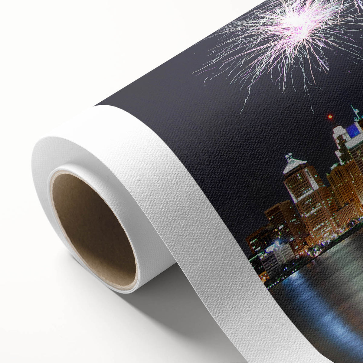 Art Deco style poster of Detroit skyline in muted blue and gray tones on rolled canvas, ideal for nursery wall art.