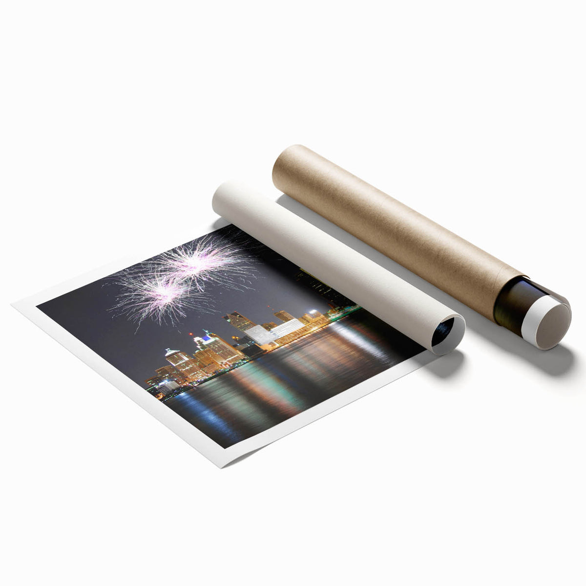 Extra large rolled print of Detroit skyline with muted gray and blue tones, ideal for classy bathroom wall art.