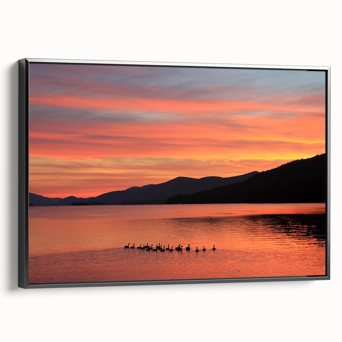 Black and white framed canvas of Adirondack landscape, ideal for bedroom wall décor.