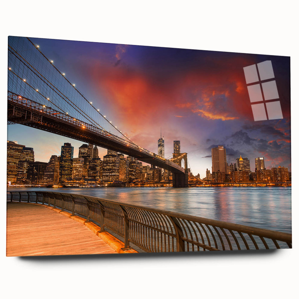 Large abstract depiction of Brooklyn skyline in muted blues on acrylic glass, suitable for bedroom or dining room art.