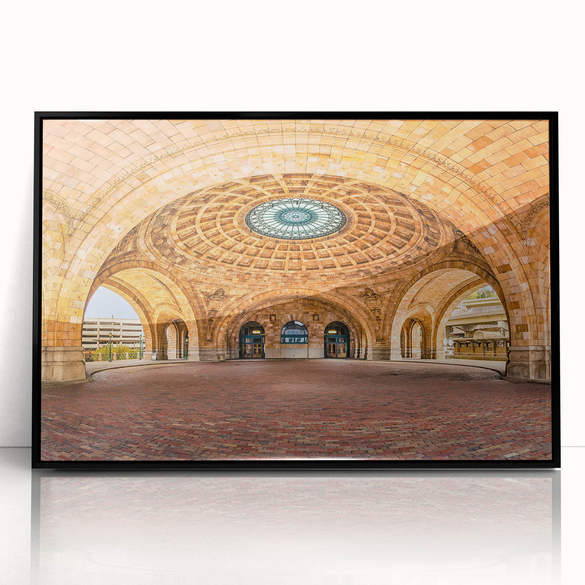 Large abstract wall art depicting the Pittsburgh skyline in muted gray and blue tones on a framed acrylic print.