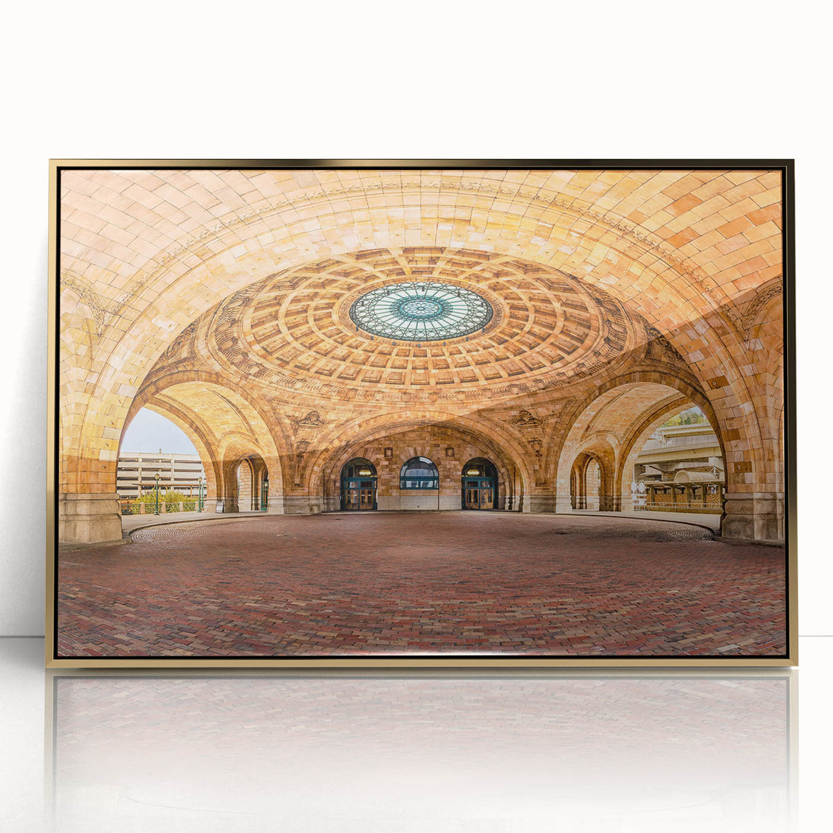 Acrylic print of Pittsburgh skyline with gold frame, featuring mid-century modernist style, ideal for modern art wall decor.