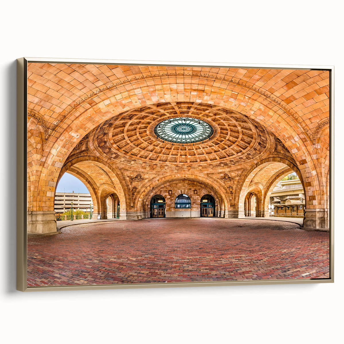 Framed canvas of Pittsburgh landscape with vintage poster art style in black and gold tones, ideal for bedroom wall art.