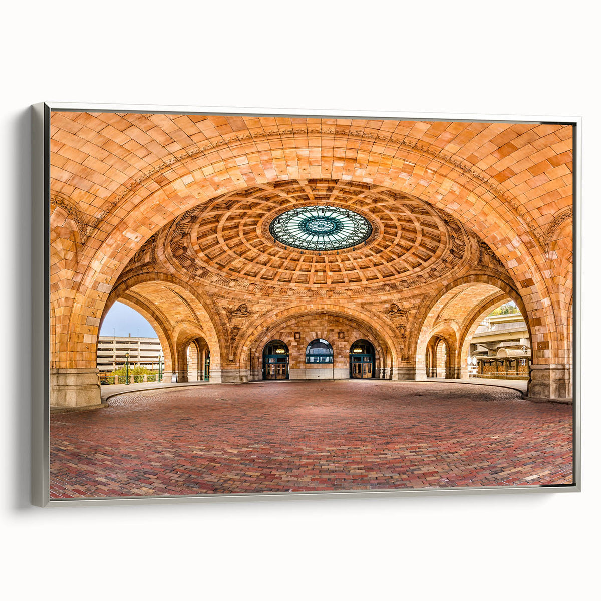 Framed canvas of a Pittsburgh landscape featuring colorful art in a vintage poster style, ideal for an office setting.