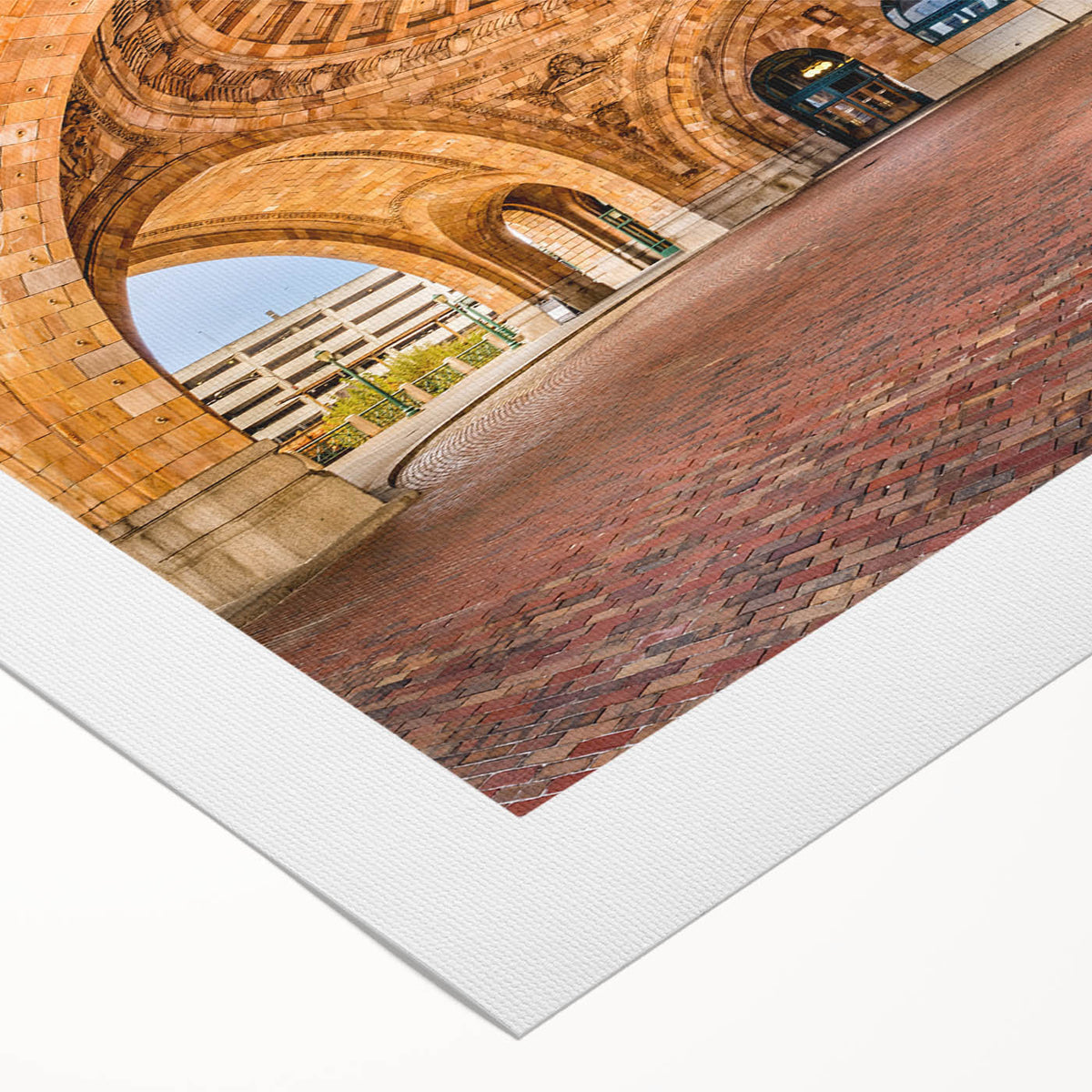 Art deco poster of Pittsburgh skyline in muted gold and blue tones on rolled canvas, suitable for dining room wall art.