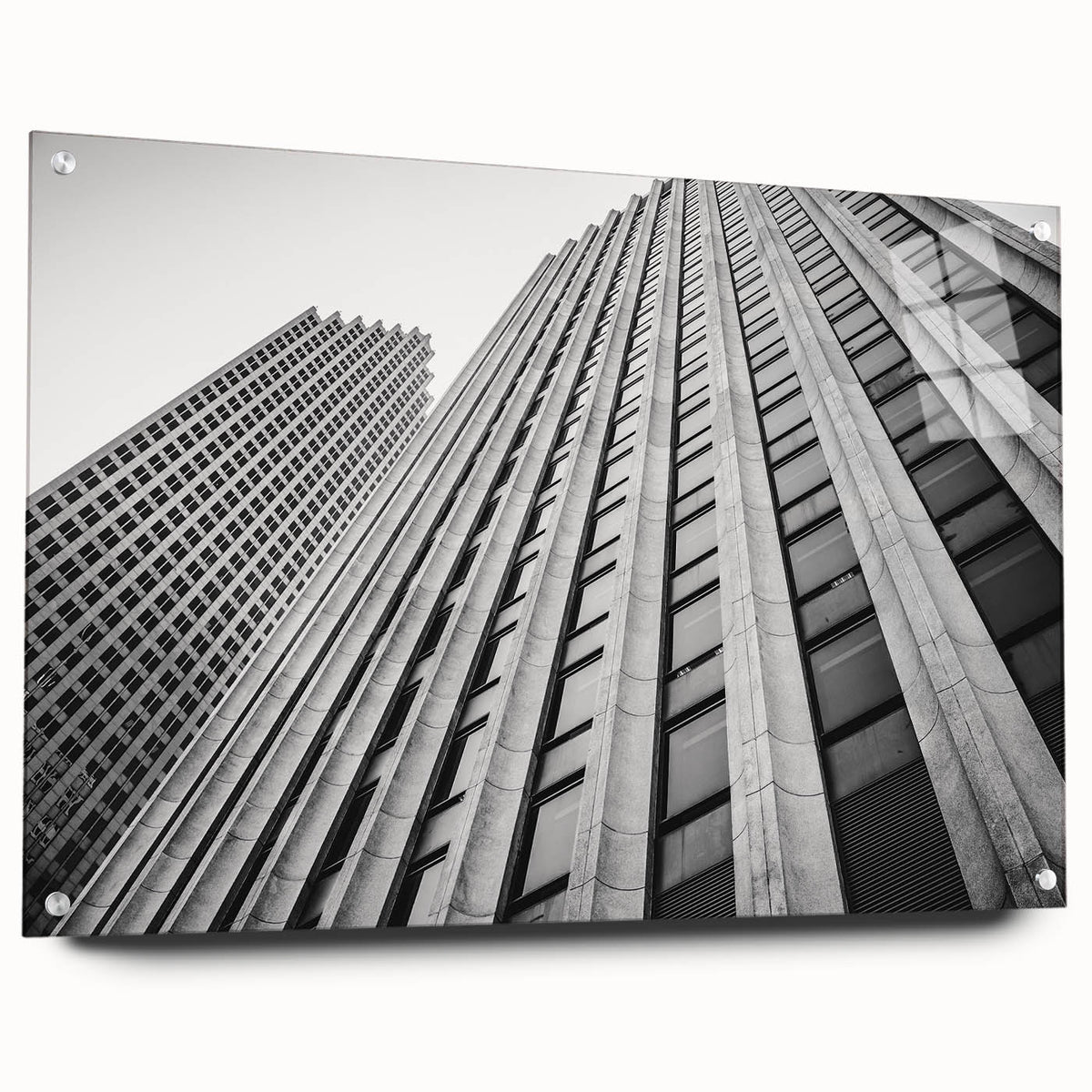 Acrylic print of Houston skyline in muted gray and blue tones, suitable for modern bedroom or dining room decor.