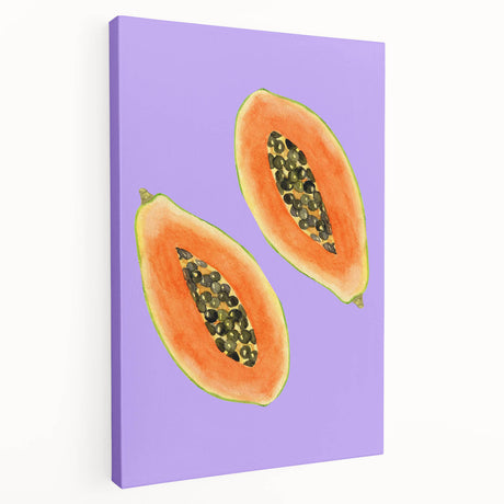 Large stretched canvas featuring an array of colorful fruits, ideal for kitchen wall art.