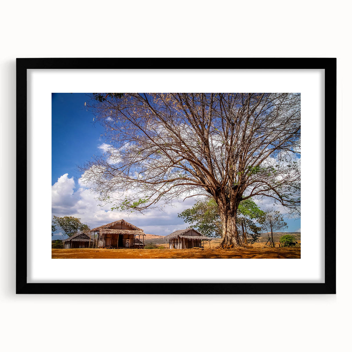 Extra large abstract art print of a colorful Madagascar landscape in a black frame, ideal for living room decor.