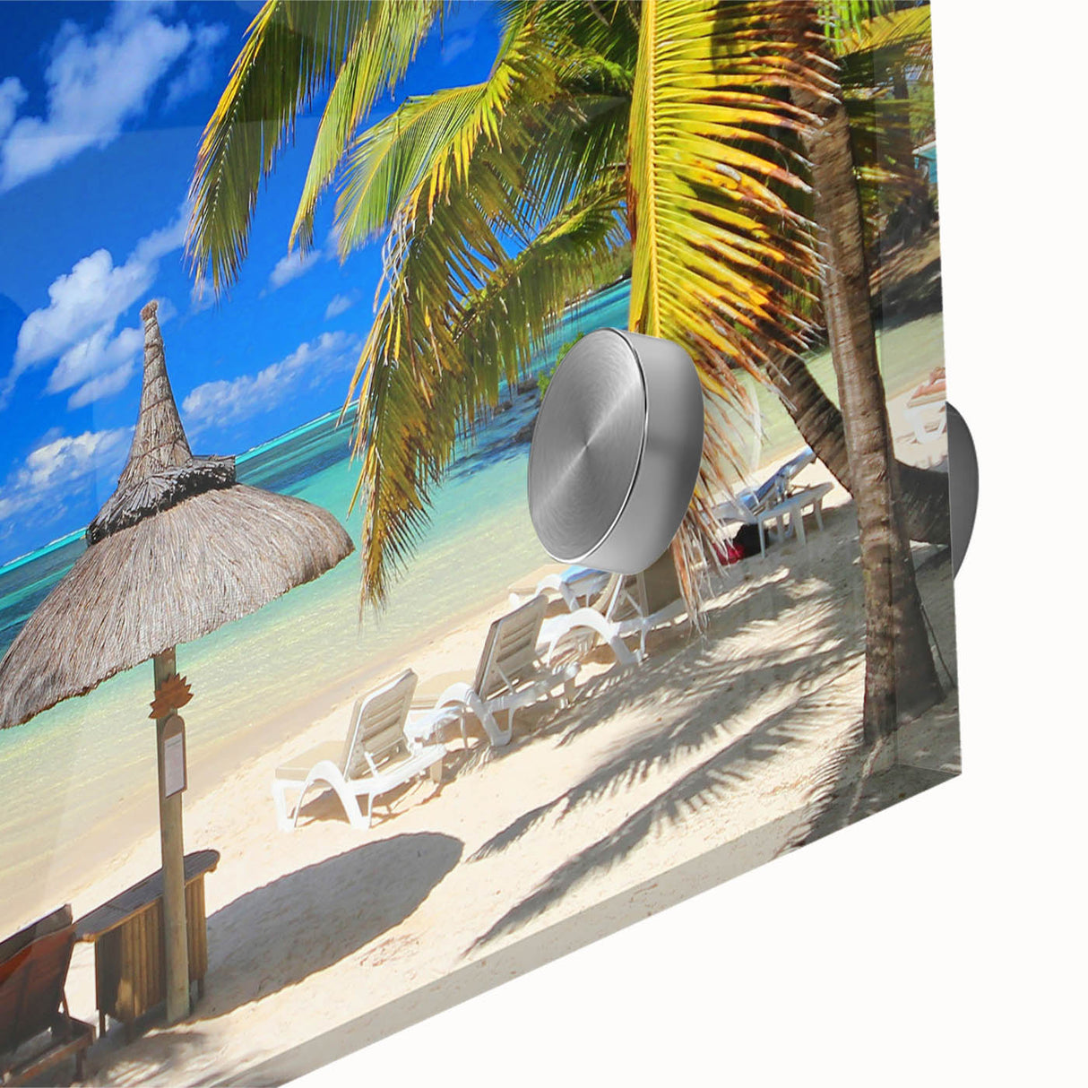 Large abstract wall art of a Mauritian landscape in mid-century modernist style on acrylic glass.