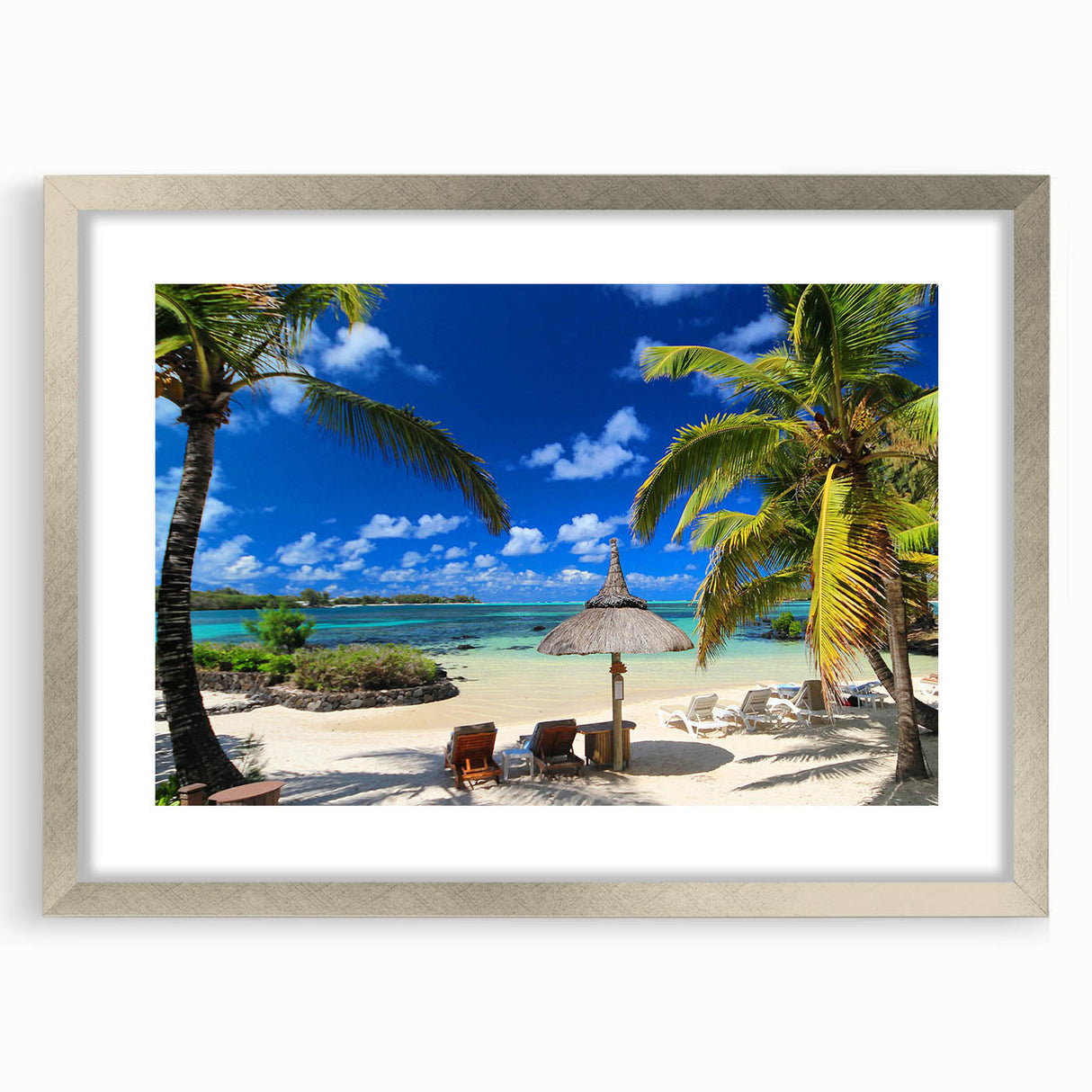 Abstract art print of a Mauritius landscape in muted earth tones on a framed canvas, suitable for dining room decor.
