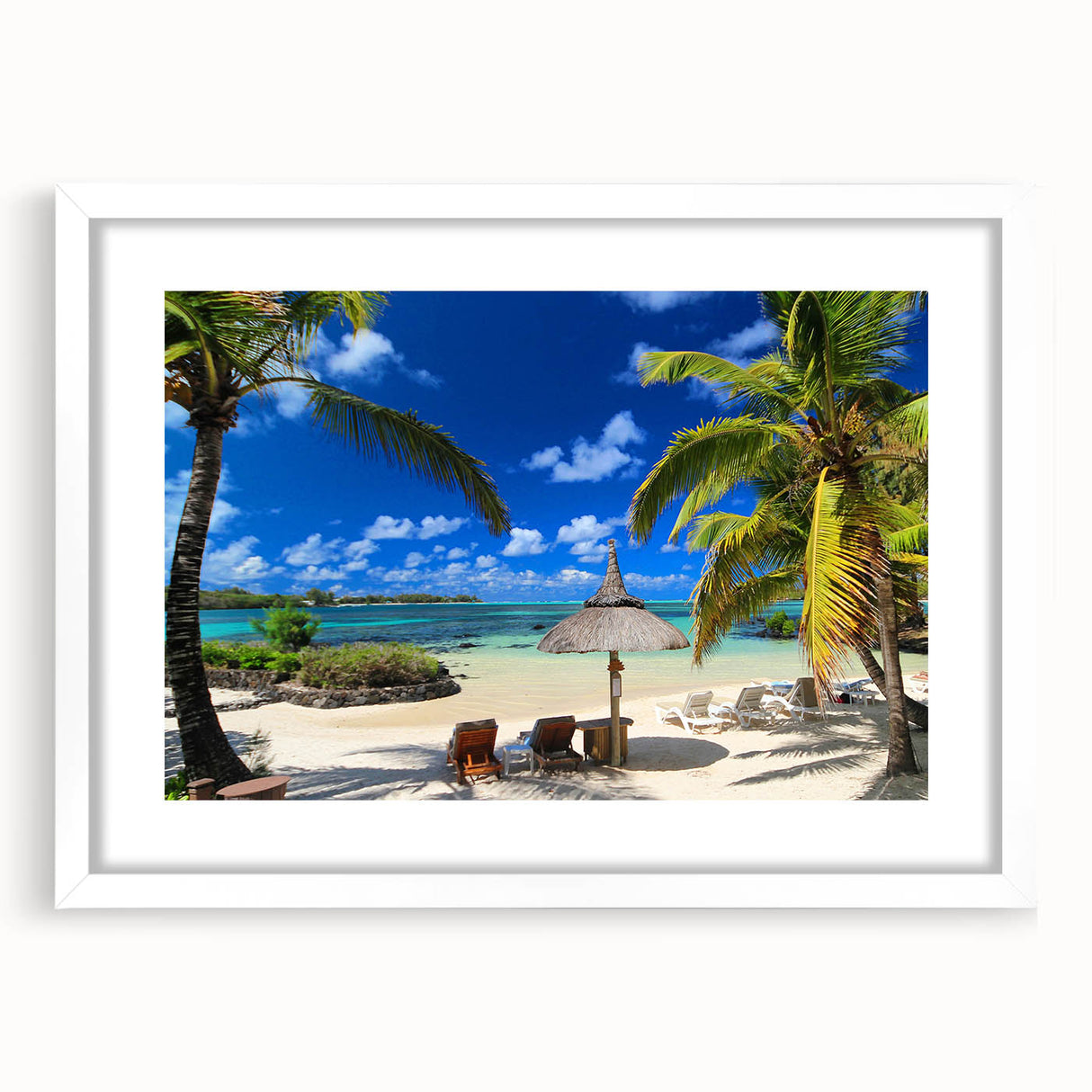 Extra large abstract art print of a textured Mauritius landscape in muted earth tones, framed with a white mat.