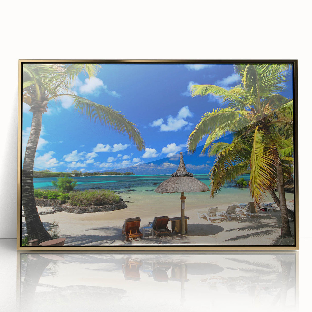 Mid-century modernist art of Mauritius scenery with gold framed acrylic, featuring muted earth tones.