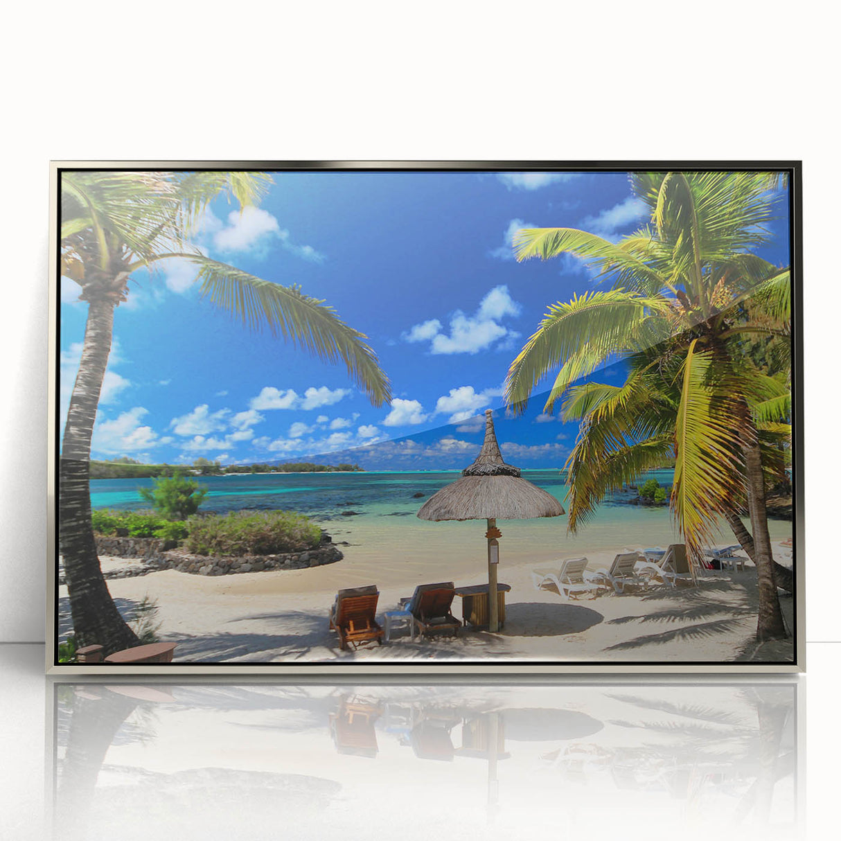 Art deco poster of a Mauritian landscape in silver framed acrylic, featuring soft pastel colors.