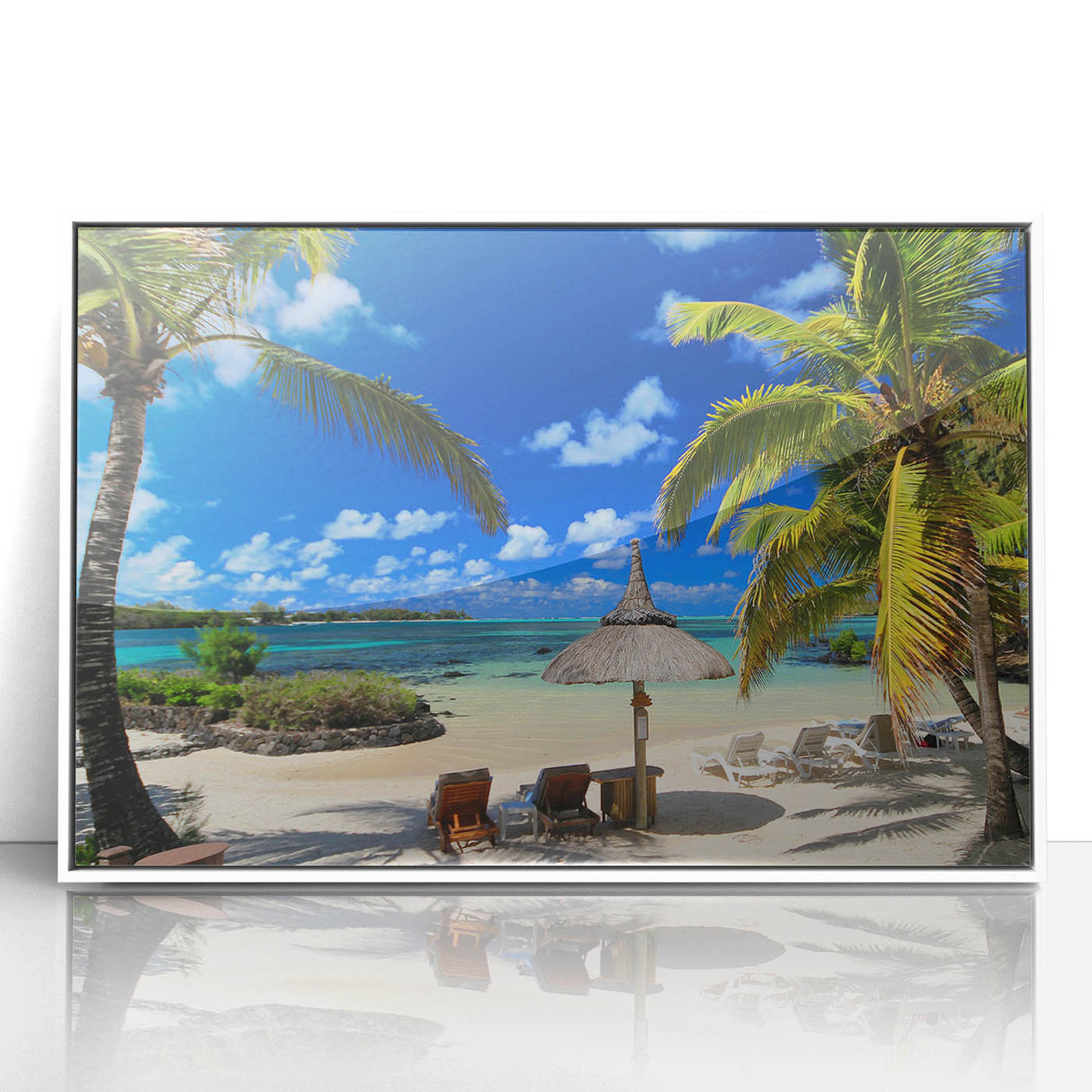 Large acrylic print of a serene Mauritius landscape in muted earth tones, framed in white, suitable for modern nursery decor.