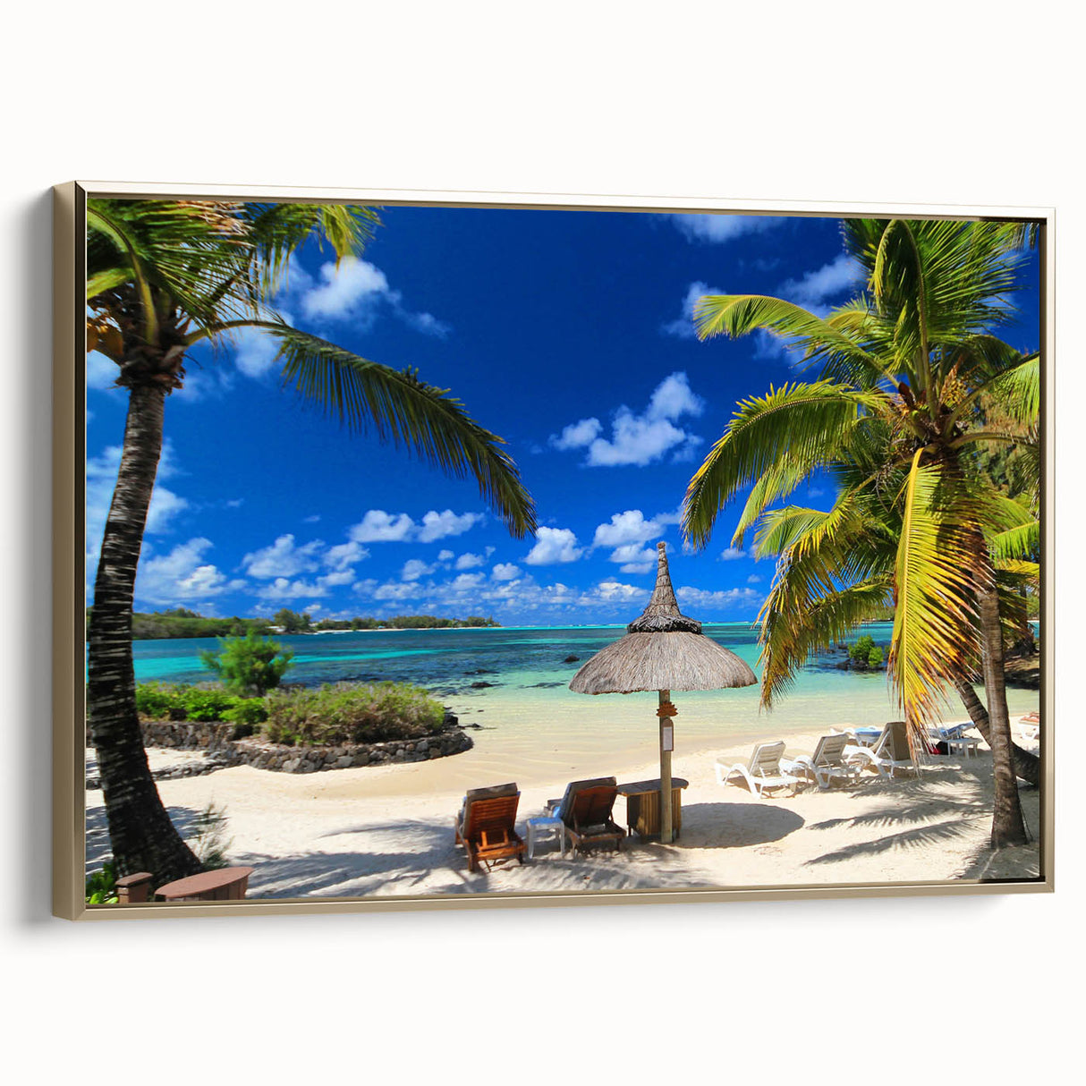 Landscape art painting of a Mauritius scenery on framed canvas, featuring vibrant colors with vintage poster art style.