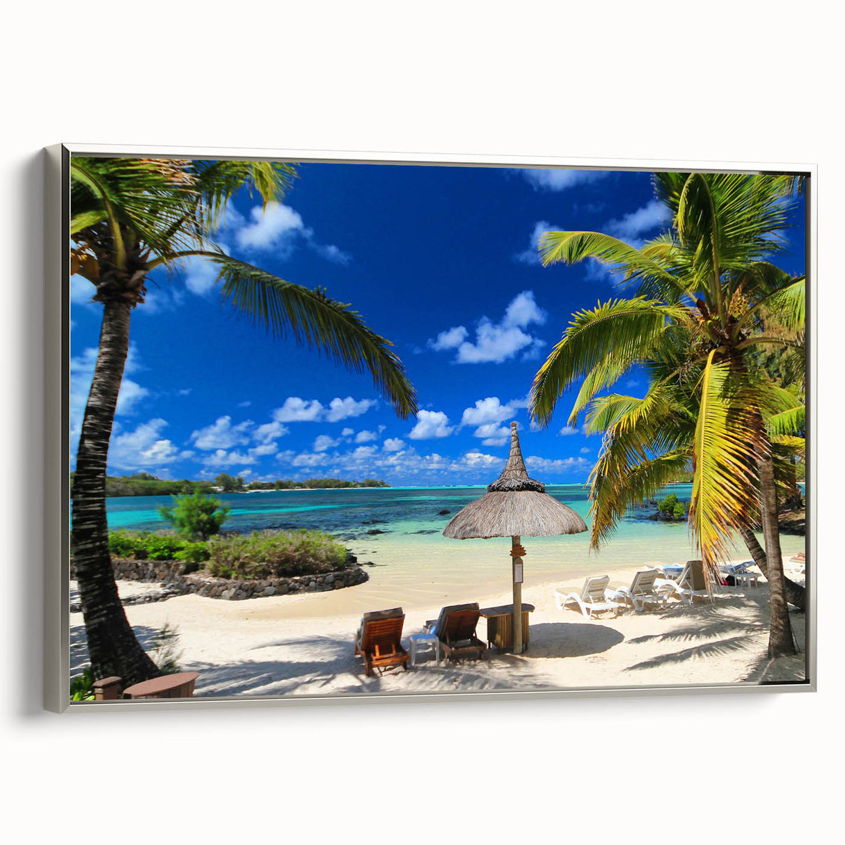 Vintage poster art of a colorful Mauritius scenery on a large framed canvas, ideal for living room ambiance.