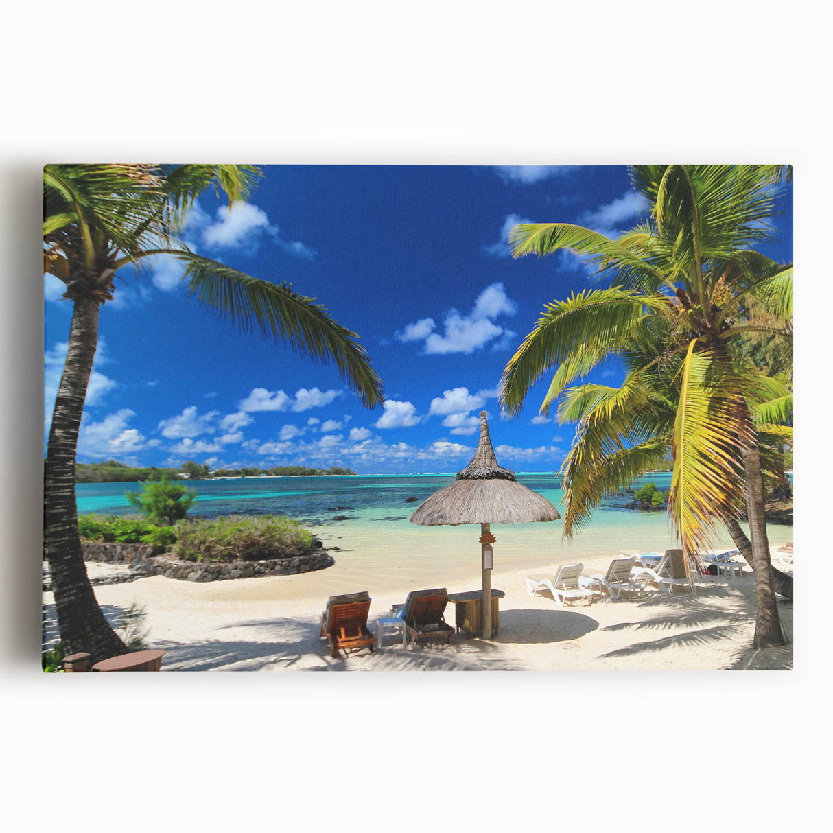 Large black and white stretched canvas of Mauritius scenery, ideal for kitchen wall art.