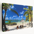 Large stretched canvas featuring a serene Mauritius landscape in muted green and blue tones, ideal for kitchen wall art.