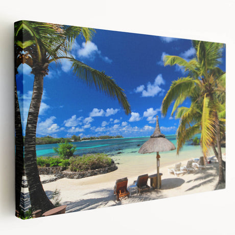 Large stretched canvas featuring a serene Mauritius landscape in muted green and blue tones, ideal for kitchen wall art.