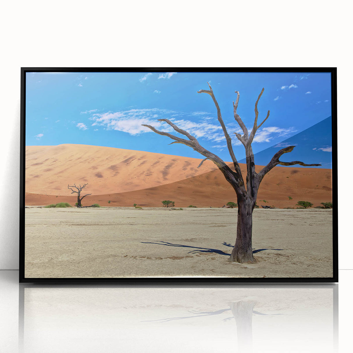 Large abstract wall art depicting the Namibian desert in muted earth tones on a framed acrylic.