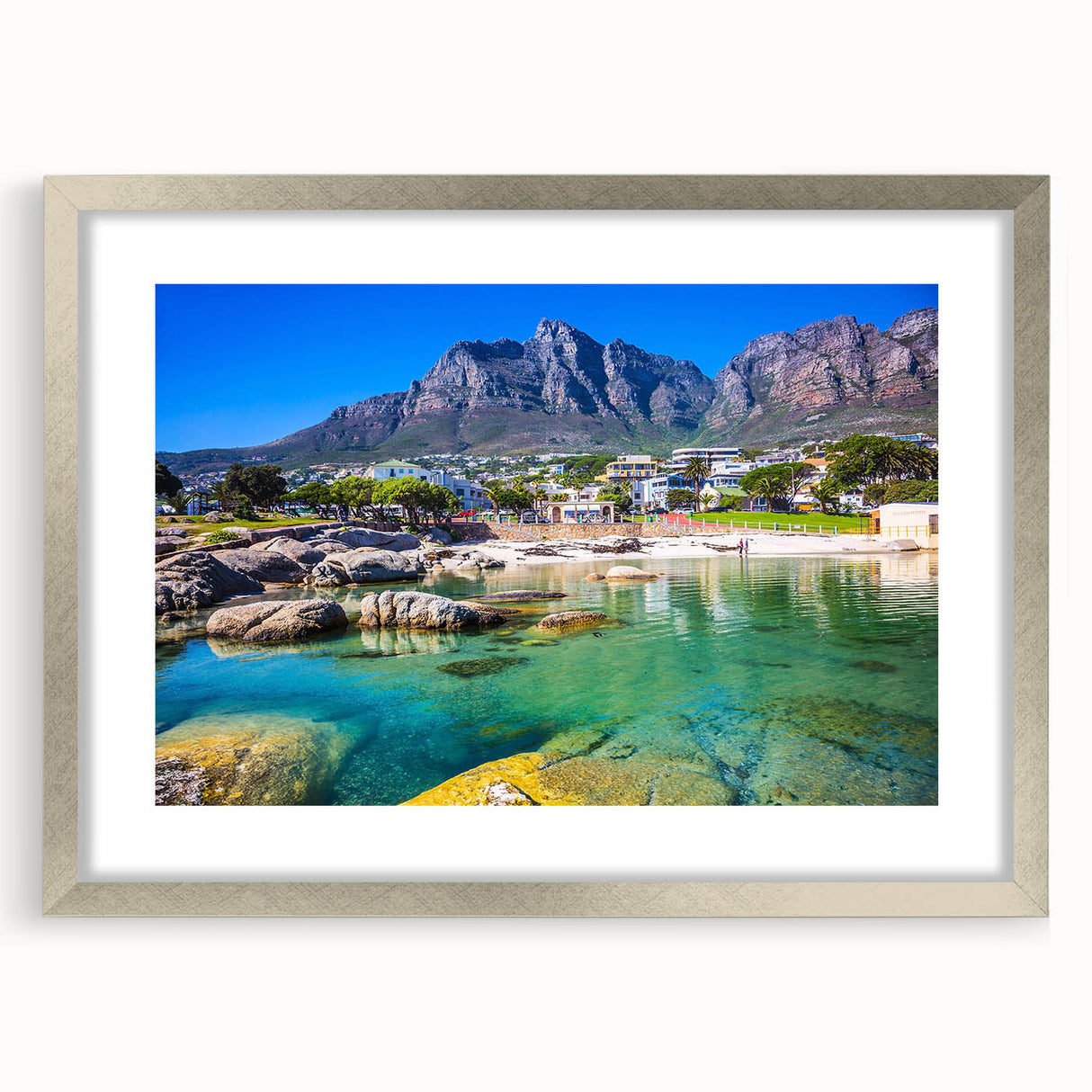 Textured abstract art print of a South African landscape in muted earth tones, framed in silver, ideal for bedroom art.