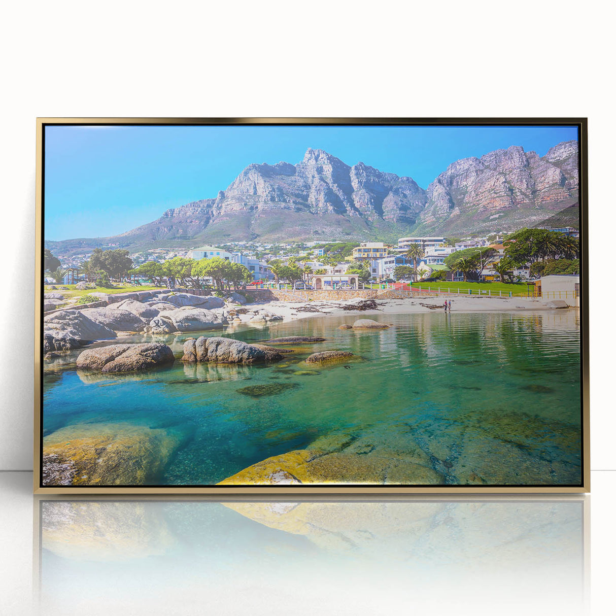 Large art print of a South African landscape in gold tones on acrylic, framed, ideal for modern art wall decor.