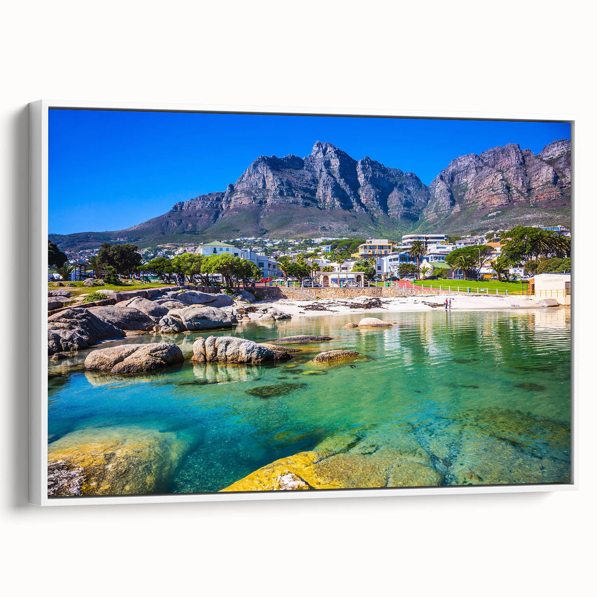 Vintage poster art of a colorful African landscape on extra large framed canvas, suitable for living room decor.