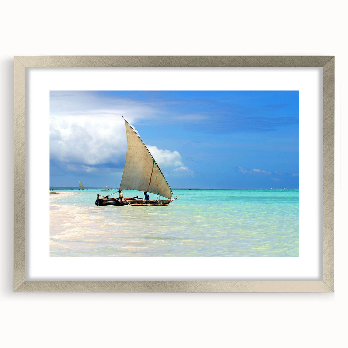 Textured abstract art print depicting a serene Tanzanian landscape in muted earth tones, framed in silver.