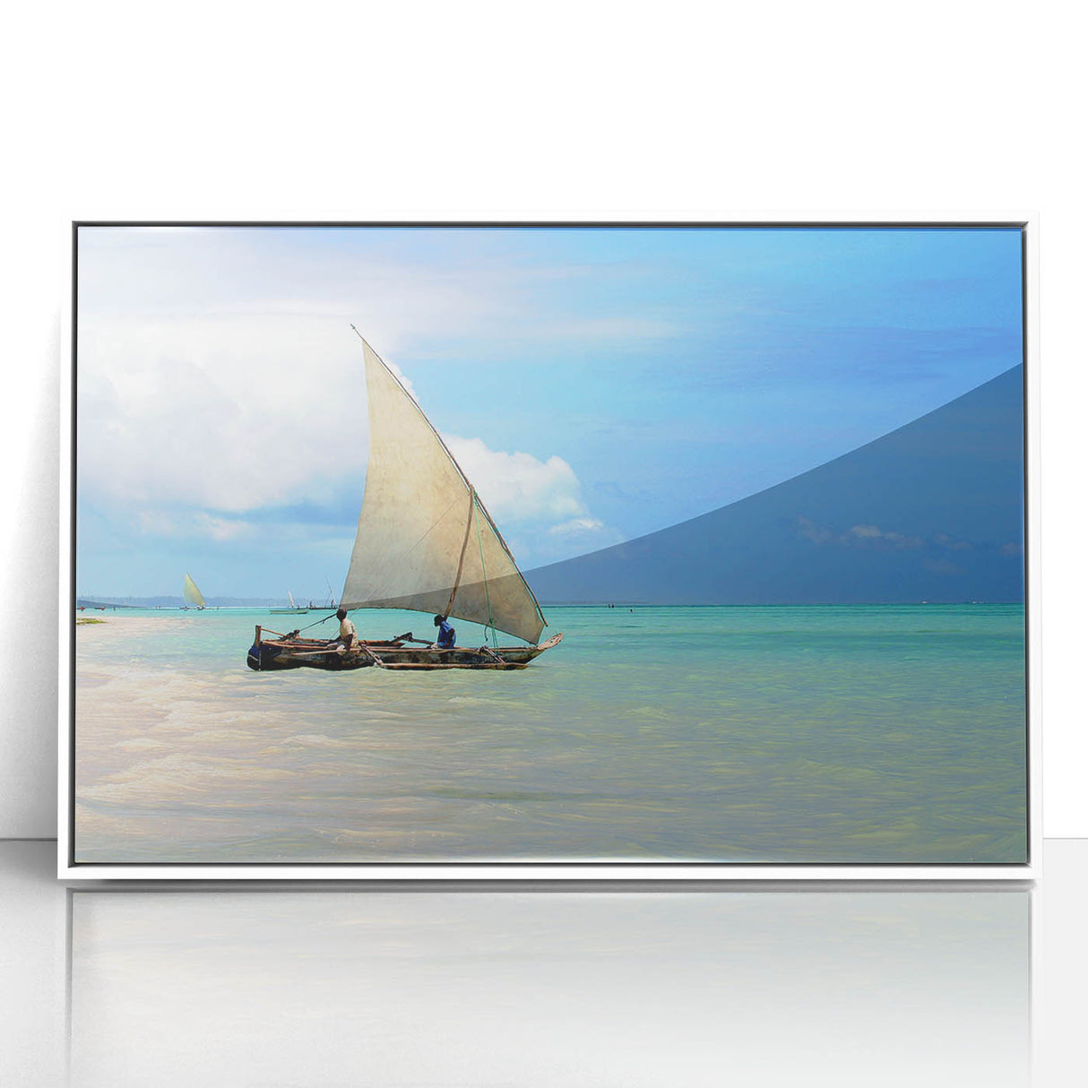 Acrylic print of a serene Tanzanian landscape in muted earth tones, framed in white, suitable for modern art wall decor.