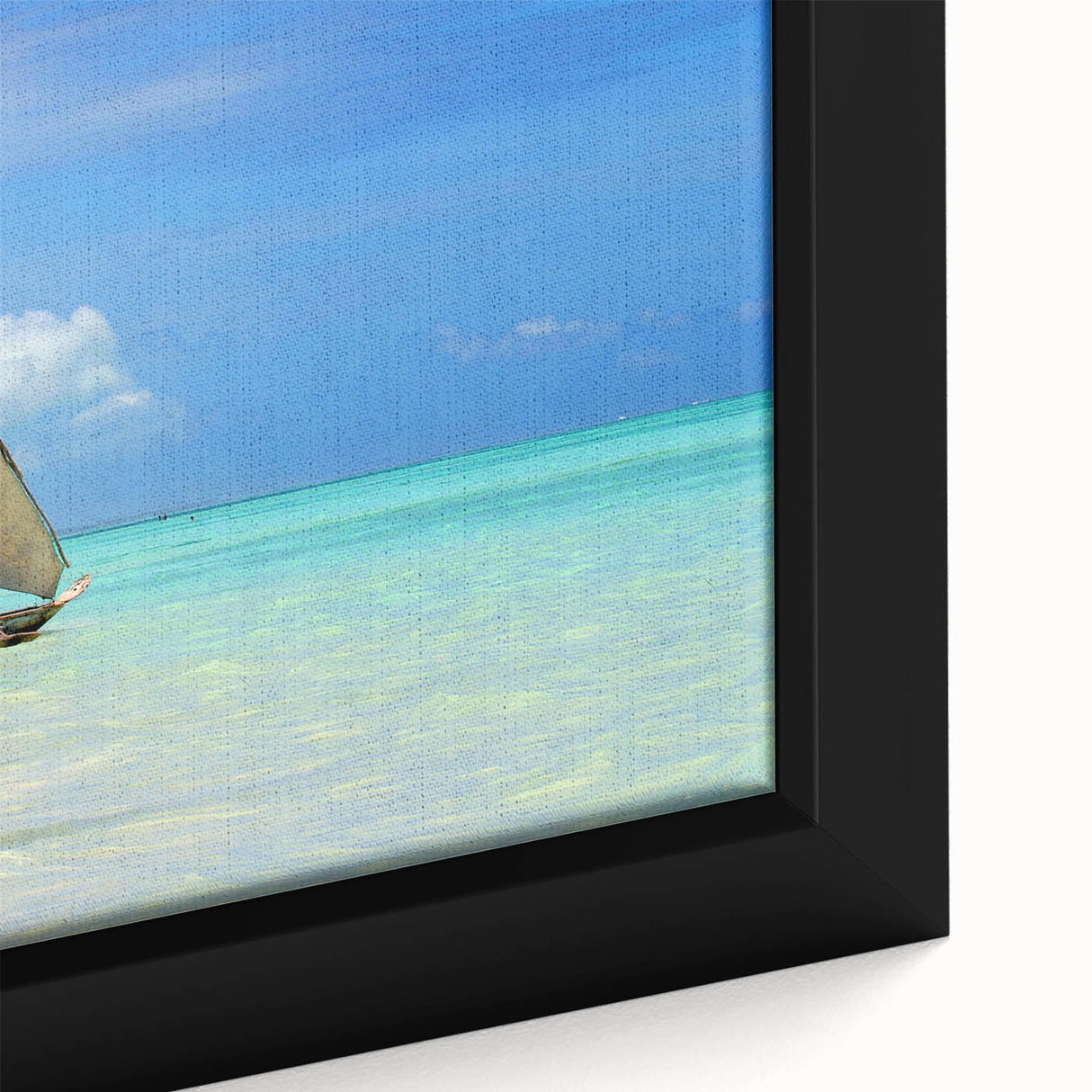 Close-up of a framed canvas featuring a textured depiction of a Tanzanian landscape in vibrant earth tones.
