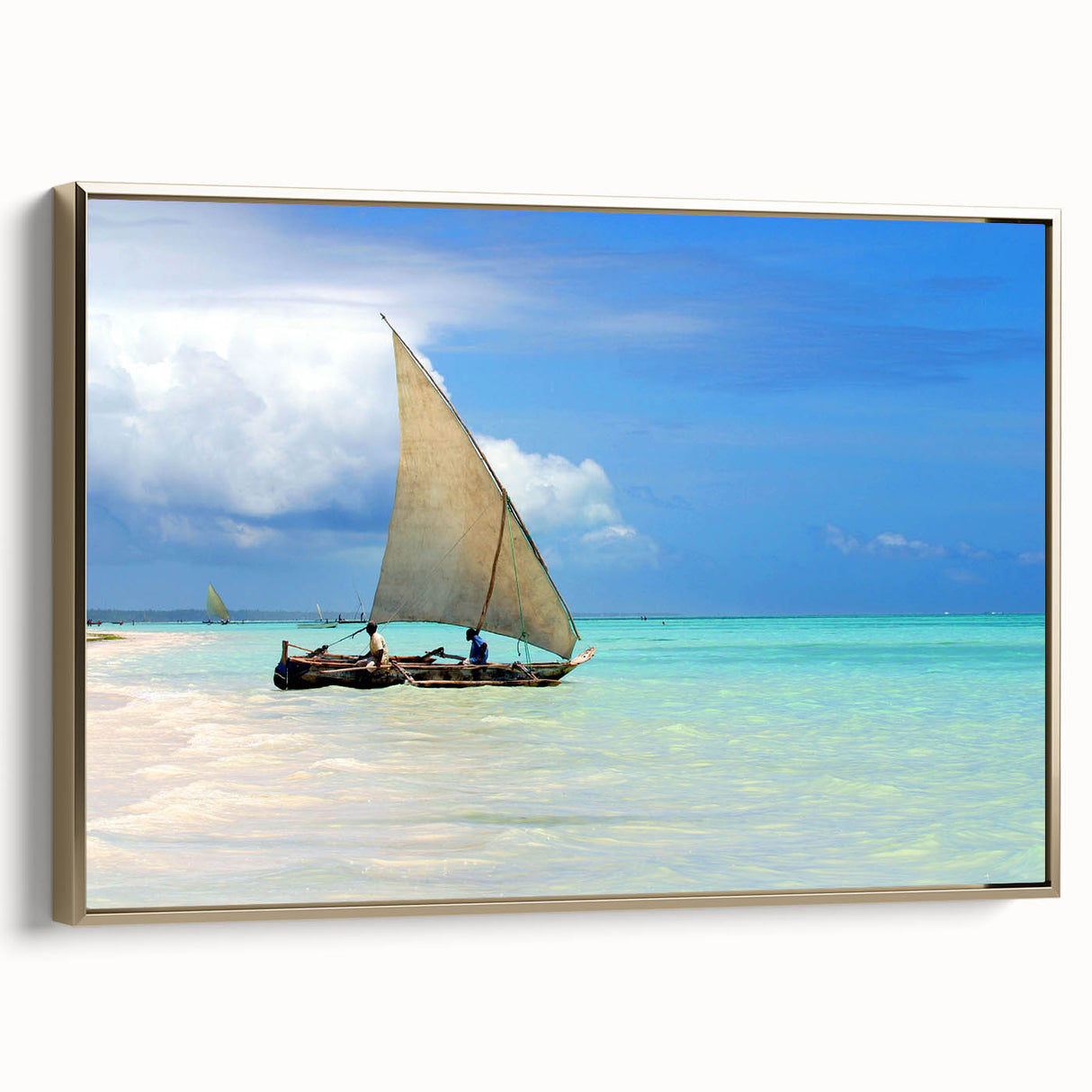 Framed canvas depicting a vintage-style Tanzanian landscape in black and gold tones, ideal for bedroom wall art.