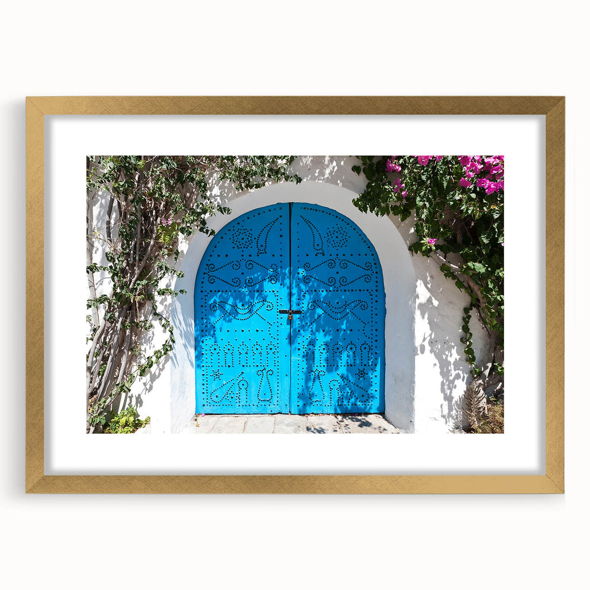 Extra large abstract art print of a textured Tunisian landscape in muted earth tones, framed in gold.