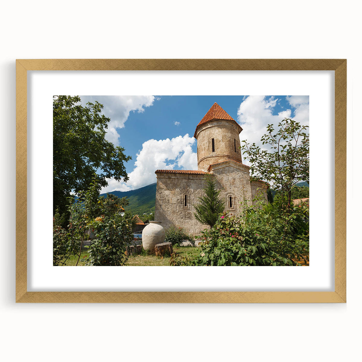 Extra large abstract art print depicting a textured scenery of Azerbaijan in muted earth tones, framed in gold.