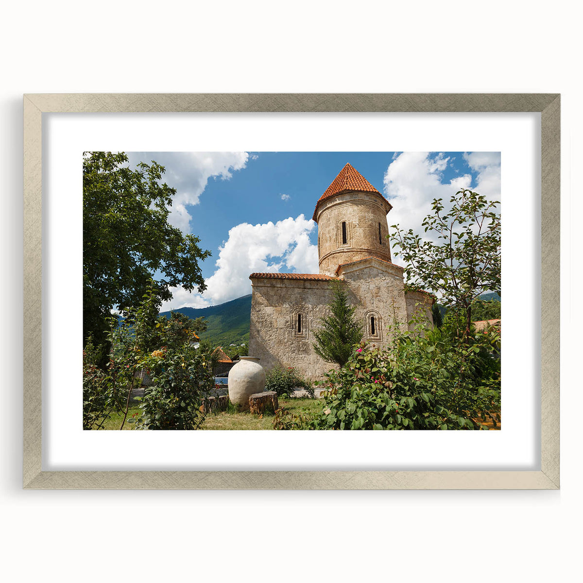 Textured abstract art print depicting a serene Azerbaijani landscape in muted earth tones, framed in silver.